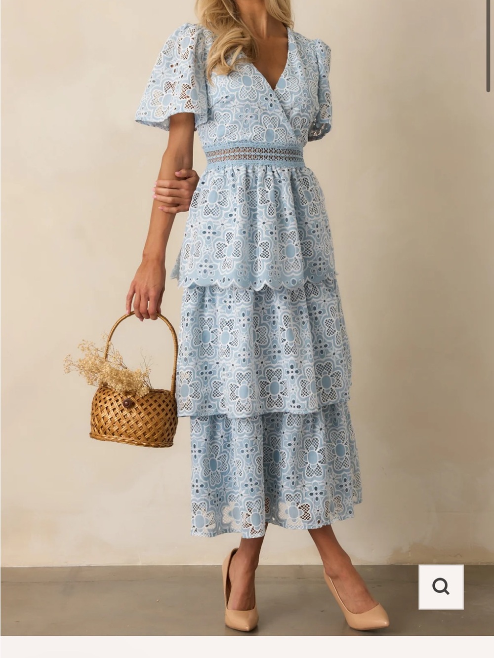 Red Dress Light Blue Lace Tiered Midi Dress